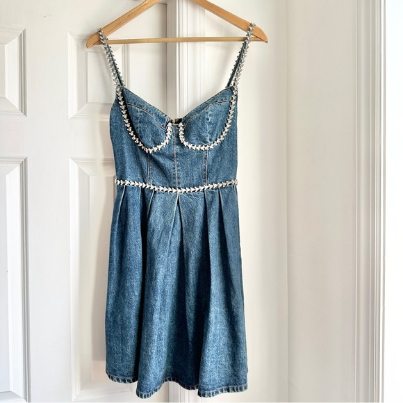 Self Portrait Crystal Diamante Embellished Denim Mini Dress - Picture 2 of 8
